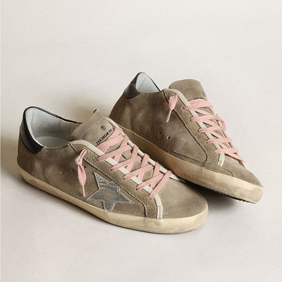Golden Goose Superstar Sneakers in Taupe and Pink, suede with blue heel tab - Picture 2 of 12